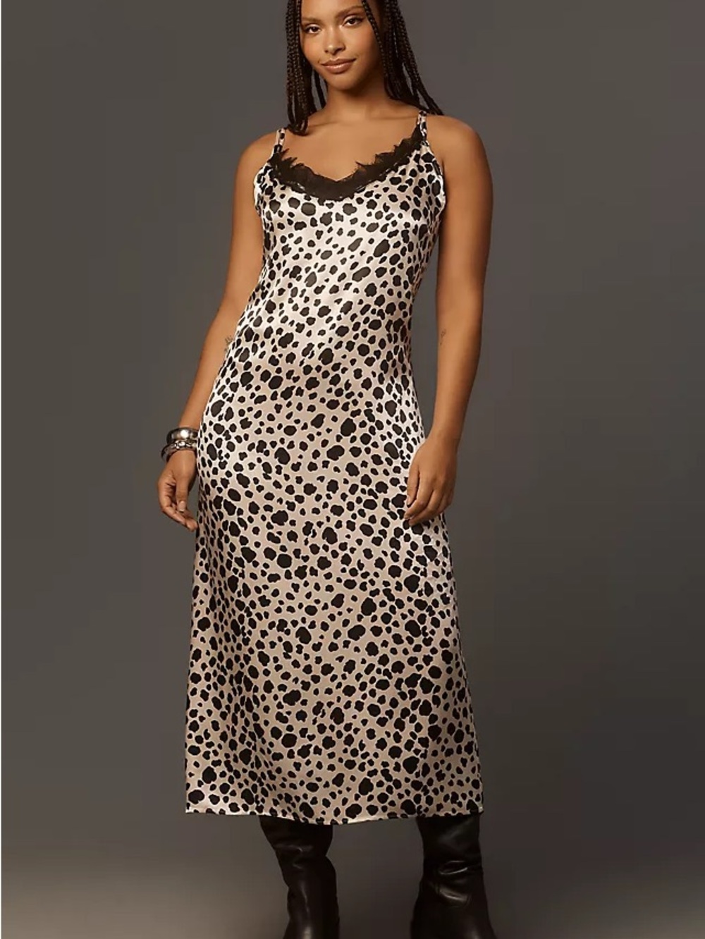 Anthropologie Leopard-Print Lace-Trim Slip Dress in Beige and Black